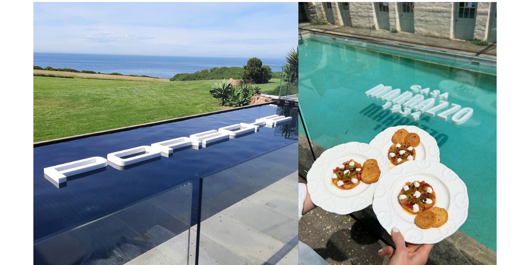 Custom Peroni brand floating pool letters at luxury corporate event venue with infinity pool ocean view and branded food presentation Melbourne