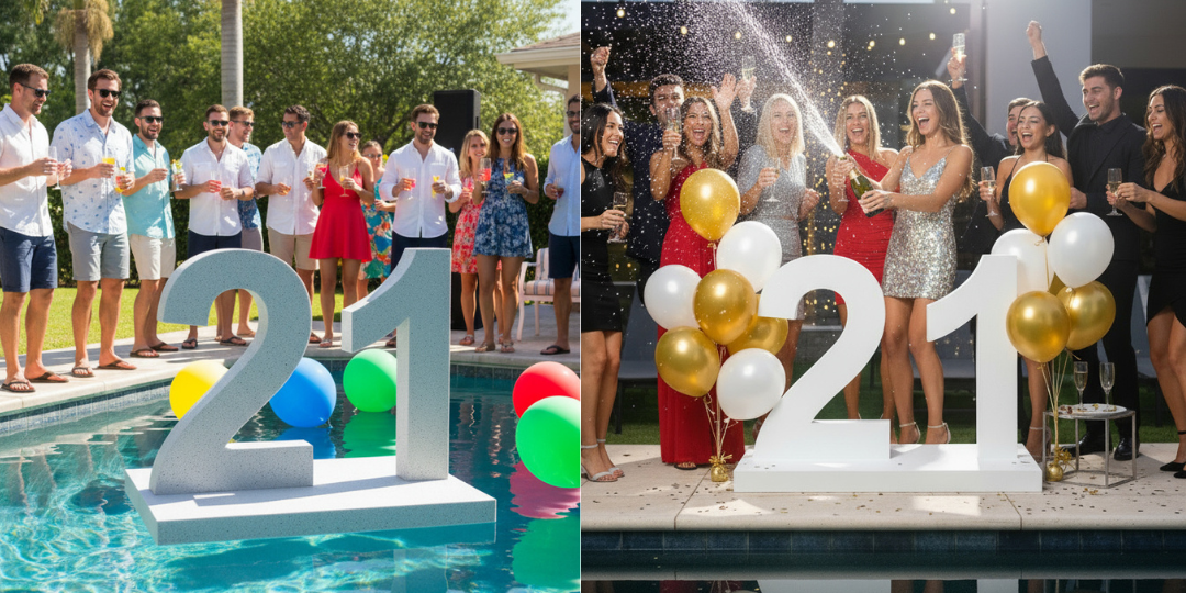 Giant floating 21 letters for birthday pool party celebrations showing daytime poolside setup and nighttime champagne spray celebration in Melbourne