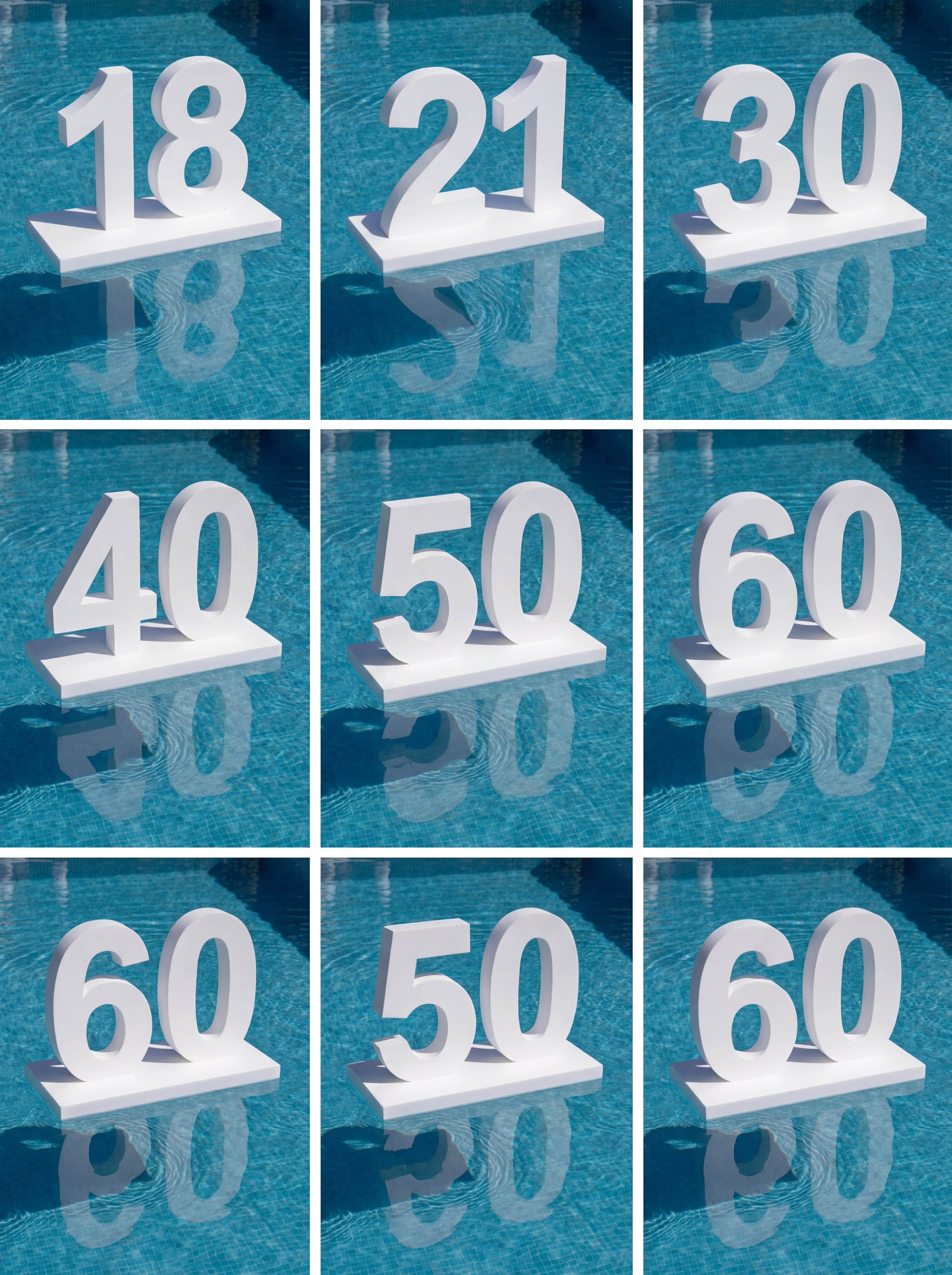 Large white polystyrene floating pool numbers 18 21 30 40 50 60 on floating base for milestone birthday parties in Melbourne